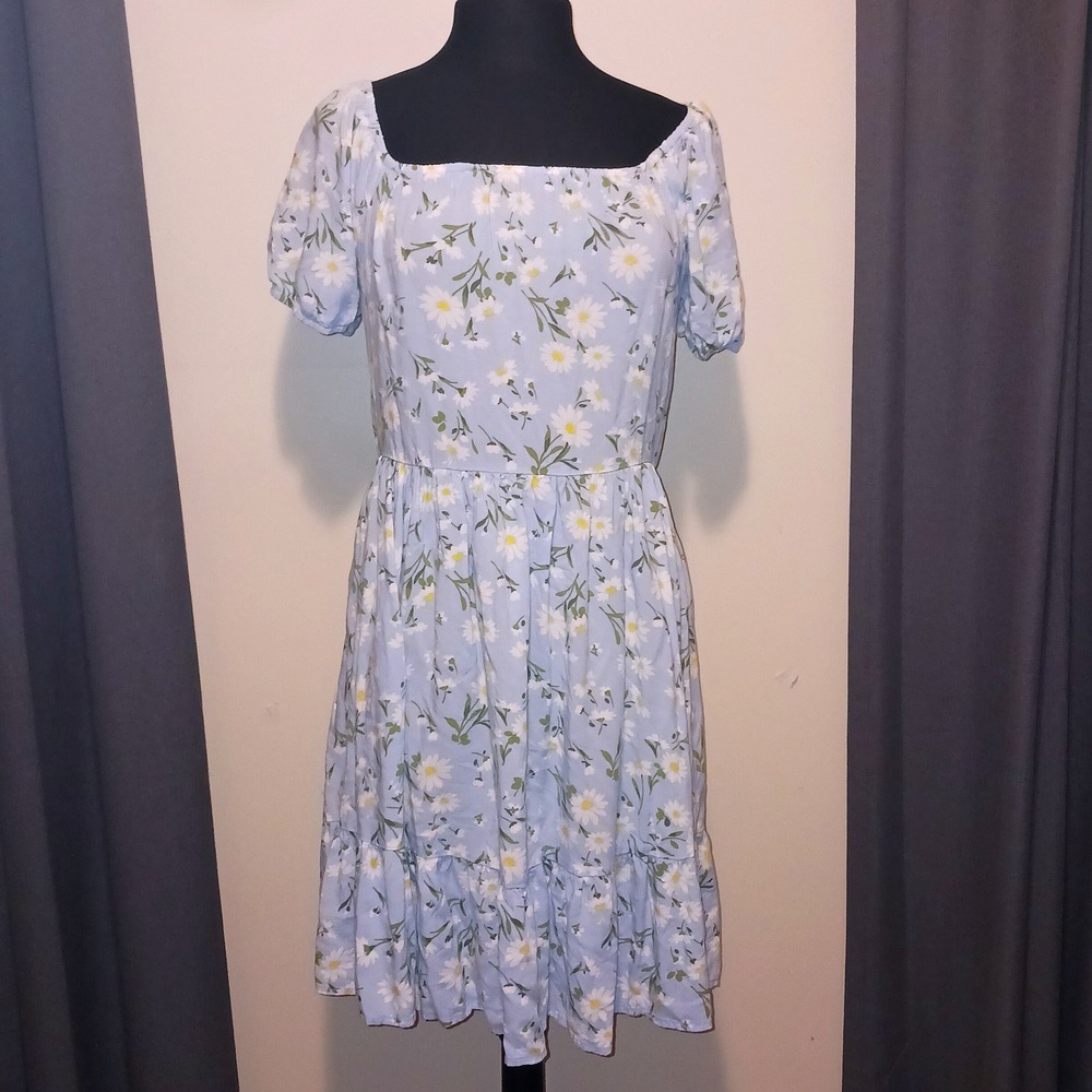Cottagecore Garden Tea Party Cotton Light Blue Daisy Floral Puff Sleeve Dress L